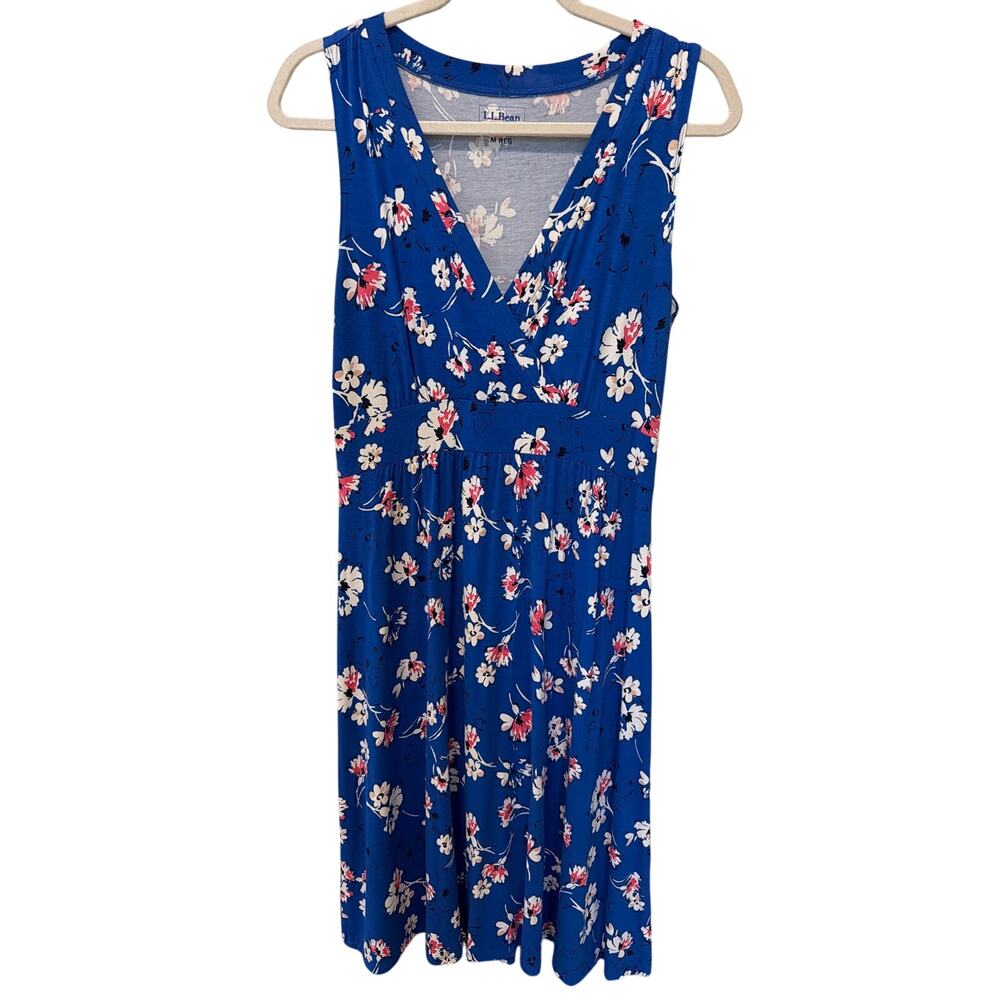 LL Bean Blue Floral Dress Women's Size Medium Sundress Summercore V-Neck